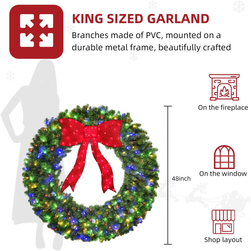 Couronne de Noël artificielle pré-illuminée de 122 cm (48 po), couronne de fêtes avec nœud rouge 3D pour la décoration intérieure et extérieure