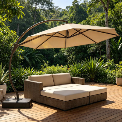 11-Foot Champagne-Colored Aluminum Cantilever Umbrella With A Crank Handle And A Sturdy Dedicated Base.