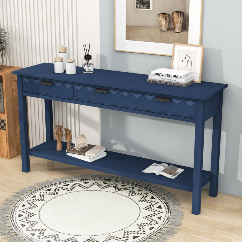 Vintage Honeycomb Wooden Console Table with Storage Drawers and Open Shelf for Entryway, Navy Blue