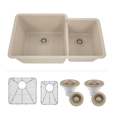 Lexicon Platinum 32 Inch Quartz Composite Drop-in Undermount Kitchen Sink Double Bowl 60/40 Includes Accessories 2 Stainless Steel Grid and 1 Decorati -  Lexicon Quartz, LP-6040-B