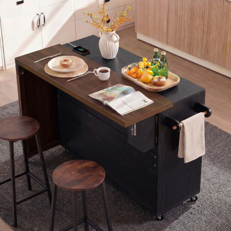 Îlot de cuisine 102,3 po avec table de salle à manger extensible, chariot d'îlot roulant avec armoire de rangement, Noir