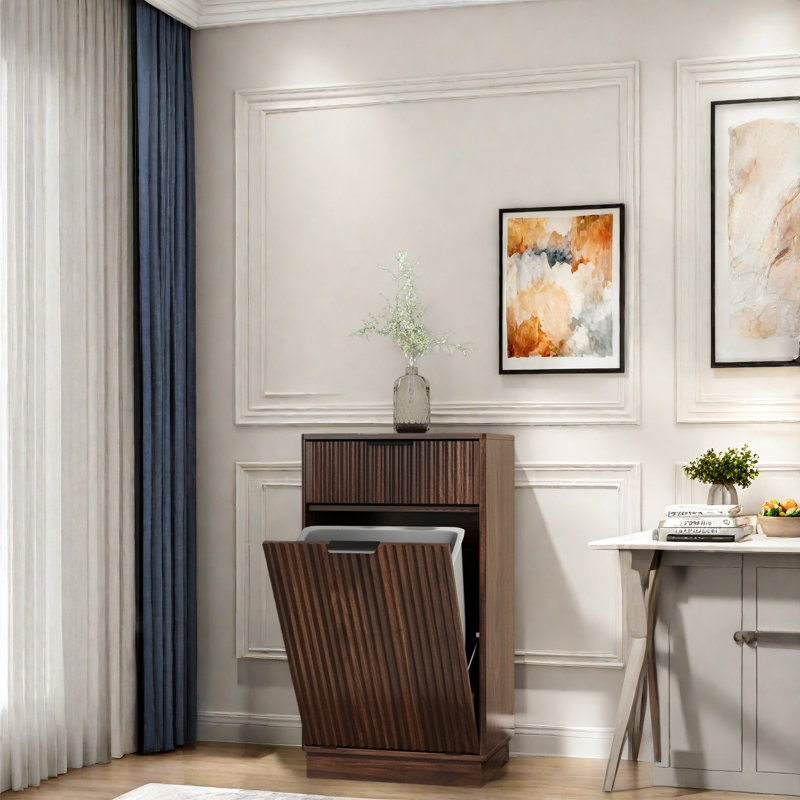 Armoire à poubelle inclinable avec tiroir et poignées en métal, Noyer