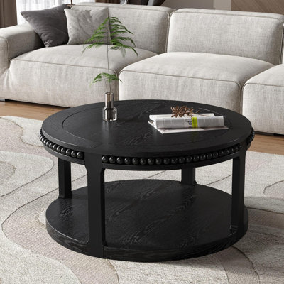 Table basse ronde en bois massif de 31,5 pouces pour le salon, bureau en bois rustique à 2 niveaux avec tablette de rangement, mobilier de maison moderne (noir)