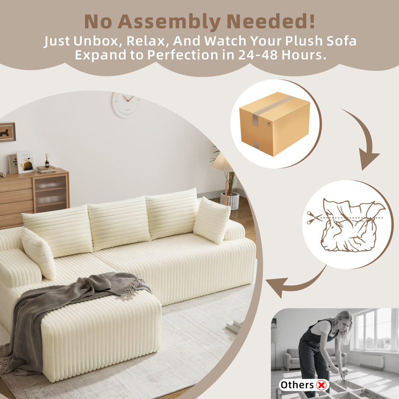Canapé modulaire rembourré avec méridienne en forme de L - Canapé confortable sans siège avec assise profonde, coussins moelleux et coussins décoratifs, sans assemblage requis pour le salon, beige