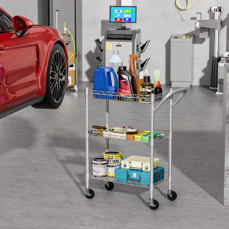 Commercial 3-Tier Utility Cart with Adjustable Shelves & Locking Wheels, Silver
