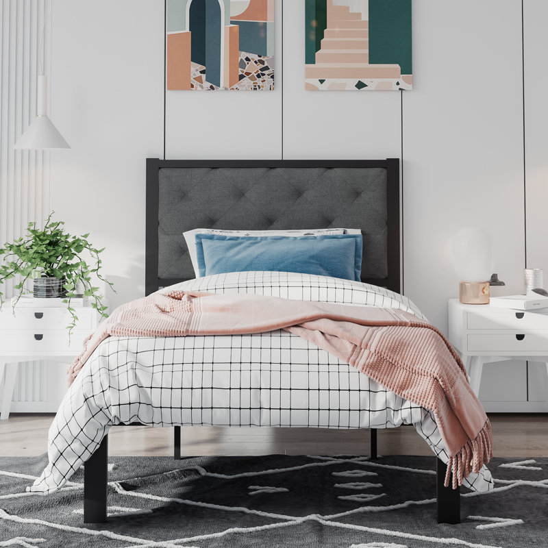 Baca Metal Platform Bed Frame with Upholstered Headboard, Dark Gray, Twin