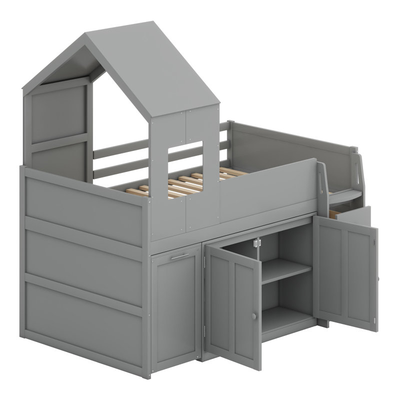 Plateforme de couchage surélevée avec bureau intégré et système de rangement complet, Gris