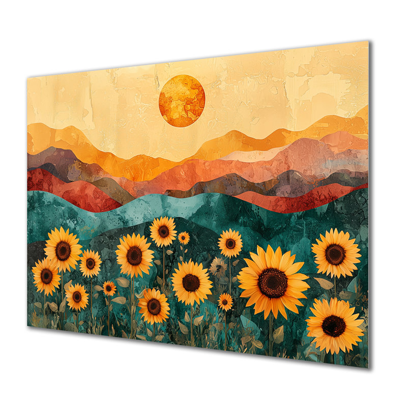 Champ de tournesols au lever du soleil, rivière Desert II - décoration murale en métal Sunflowers, H 24 po x l 32 po
