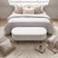 Banc de rangement avec repose-pieds ovale avec revêtement en tissu plissé, pieds en bois d'hévéa et compartiment de rangement caché - repose-pieds polyvalent, sièges supplémentaires et décoration de salon-446963642-446963645