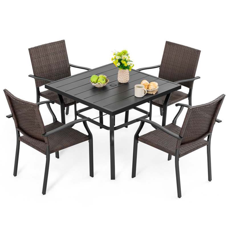 Suoa Patio 5-Piece Wicker Iron Dining Set with 1.57'' Umbrella Hole, Black, Square, 4