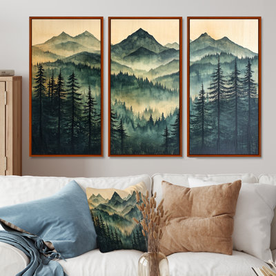 «Calm Mountain Silhouette In Woodlands II», art mural montagnes - ensemble de 3