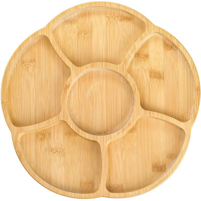 12'' Lazy Susan Serving Tray, Bamboo Food Tray, Appetizer Divided Serving Platter Dishes, 360° Rotating Relish Party Tray, 6 Compartments Bamboo Tray for Snack Nut Fruit Veggie Chip and Dip