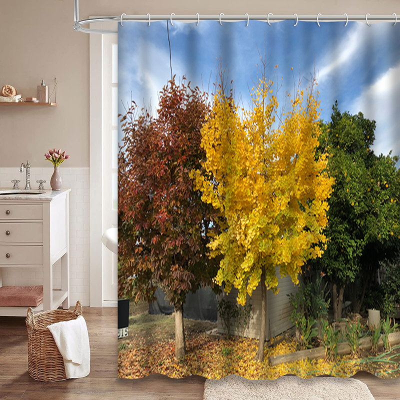 Blue Green Autumn Leaves Trees Colorful Shower Curtain with 12 Hooks, 72" L x 72" W