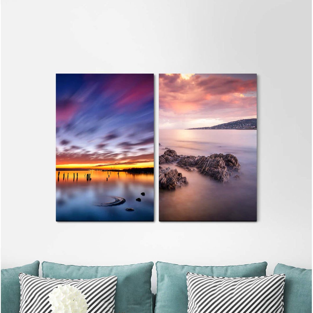 2-tlg. Leinwandbilder-Set - Fotografie „Horizon Rock Sea Mountains Sunset Clouds Evening Red”