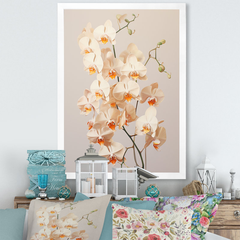 Orchidées beiges tranquillité V, Cadre simple blanc, H 44 po x l 34 po x P 1,5 po