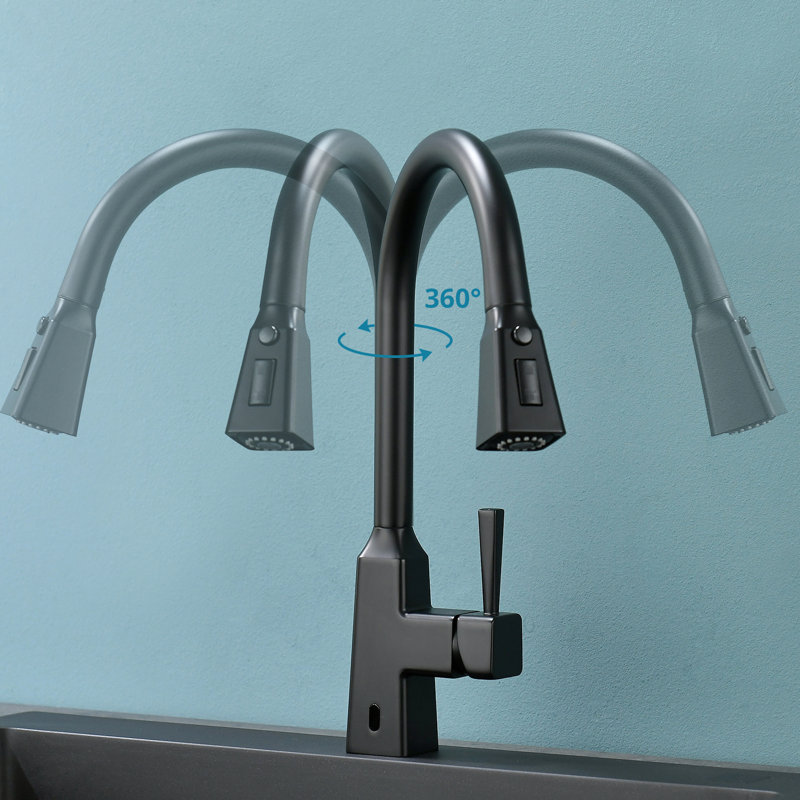 Automatic Smart Kitchen Sink Faucet - Touchless Pull Down Black Modern Style Brass Ceramic Filler Motion Sensor Activated For Hygienic And Straightforward Work With Hands Contemporary Seamless