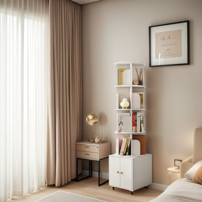 Bibliothèque rotative, bibliothèque d'angle à 5 niveaux à 360 degrés avec tiroir pour petit espace, étagère de rangement sur pied, rangement étroit en bois pour chambre à coucher, salon