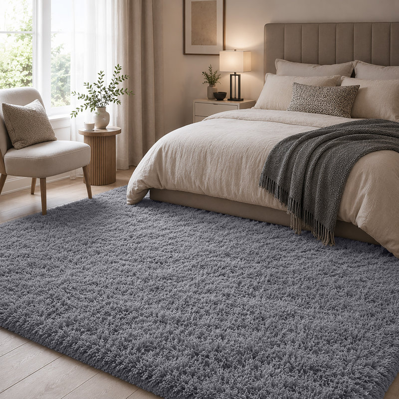 Luxury Plush Shaggy Area Rug & Runner, Soft Deep-Pile Non-Slip Living Room Carpet, Grey, Rectangle 120 x 170 cm