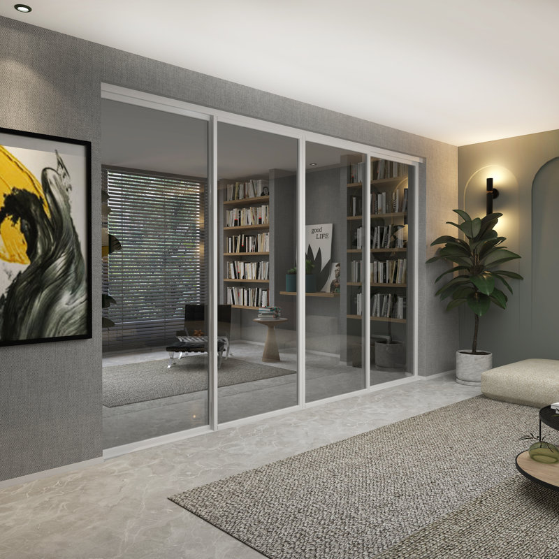 Cloison 4 panneaux coulissants en verre fumé LiteSm Cadre en aluminium avec technologie Silent Glide, 96 po x 96 po, Blanc
