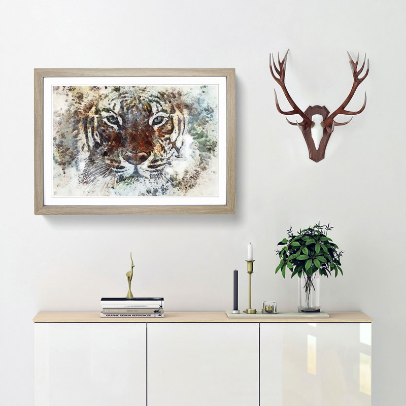 Tiger in the Blue in Abstract - Picture Frame Painting Print, 27cm H x 36cm W x 2cm D, Oak Framed