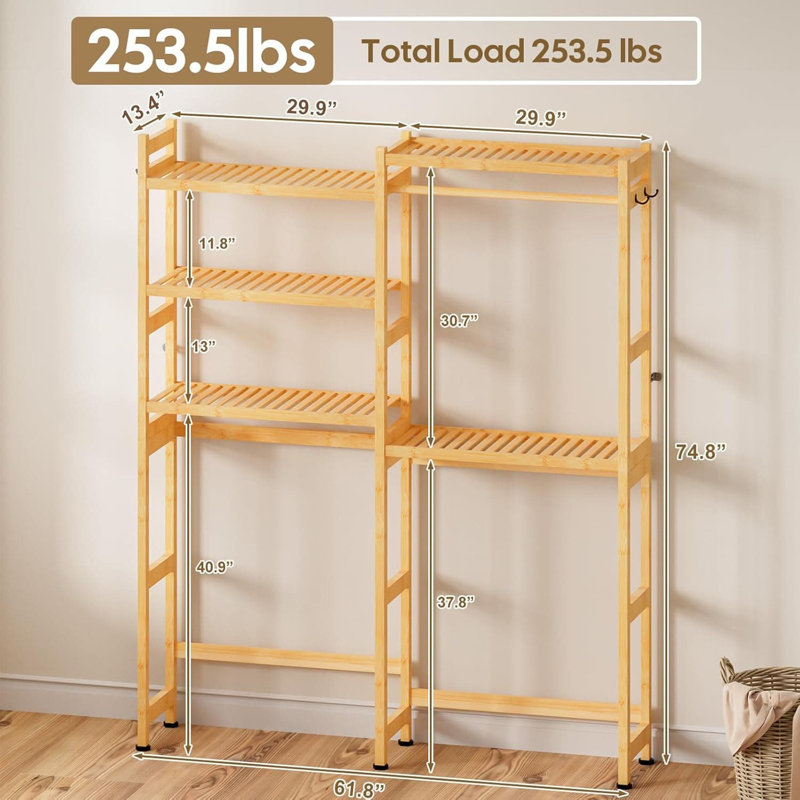 Over The Washer Dryer Storage Shelf 5-tier Bamboo Laundry Rack With Adjustable Shelves Hanging Rod And Hooks Space Saving Organizer For Laundry Room