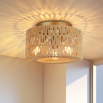 3-Light Flush Mount Ceiling Light Rattan  Drum Fixture Vintage Handwoven Lamp for Living Room Bedroom
