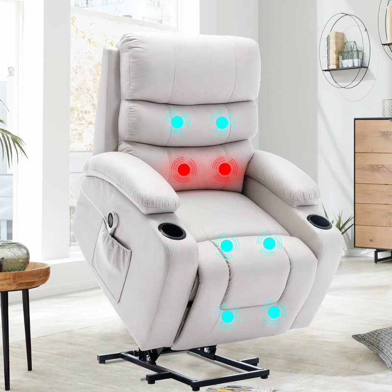 Power Lift Recliner Chair with Massage and Heat for Elderly, with 2 Cup Holders, White Microfiber