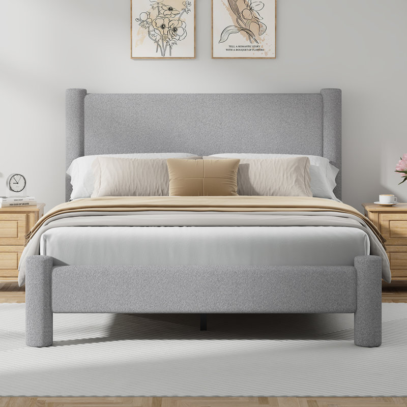 Lit plateforme tapissier Boucle, Gris, Lit double