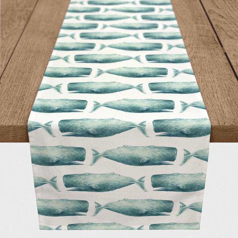 Chemin de table baleines Mckinley, L 90 po x l 16 po, Bleu sarcelle, Imprimé animal 1