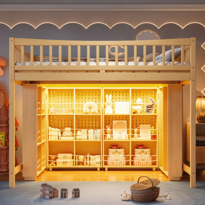 Lit mezzanine en bois Haven pour enfants avec armoire de rangement et étagère en dessous