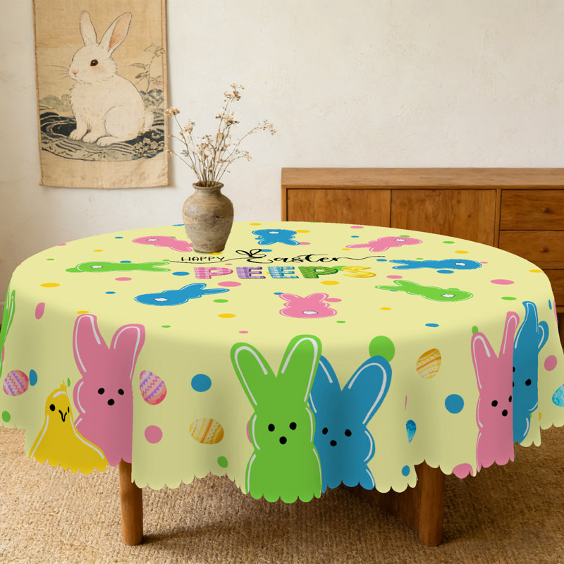 Bright Easter PEEPS Bunny Tablecloth - Vibrant Polka Dot & Colorful Rabbit Printed Fabric Cover, Washable Round Tablecloth for Easter Gatherings, Kitchen Dining | Festive "Happy Easter" Themed Table Decor, Fits Dining Tables