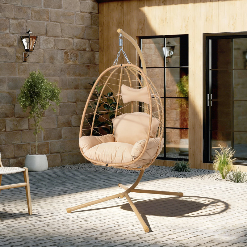 Fauteuil à œufs suspendu avec support, hamac intérieur et extérieur en osier avec coussin lavable pour patio et jardin, Jaune