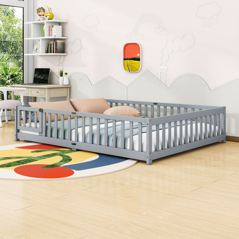 Queen Wooden Floor Bed With Guardrails And Slats, Gray