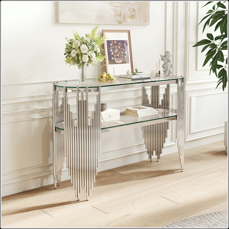 Console 47 "de luxe Art Déco avec tablettes en verre et structure argentée, Transparent / Argent, Clair, Silver