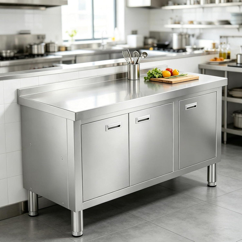 Table de travail commerciale en acier inoxydable avec 3 portes - Table de préparation robuste et armoire de rangement, 47 po x 21 po x 35 po, compatible NSF, épaisseur 0,8 mm