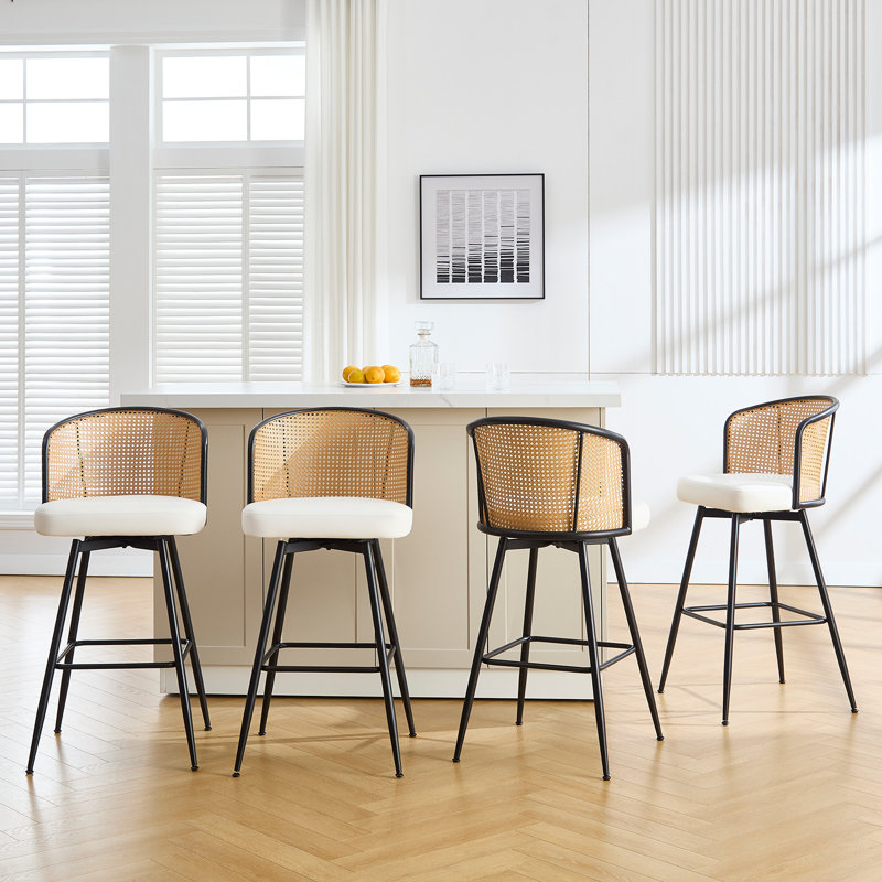 Cane Back Swivel Upholstered Counter & Bar Stool, Bar Stool (29” Seat Height), Cream