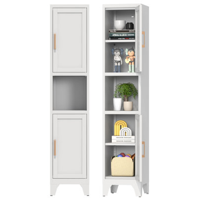 Modern Tall Narrow Metal Storage Cabinet with Adjustable Shelves & Doors, Open and Closed Storage, Adjustable Feet, Slim Design in Black/White for Kit by Winston Porter