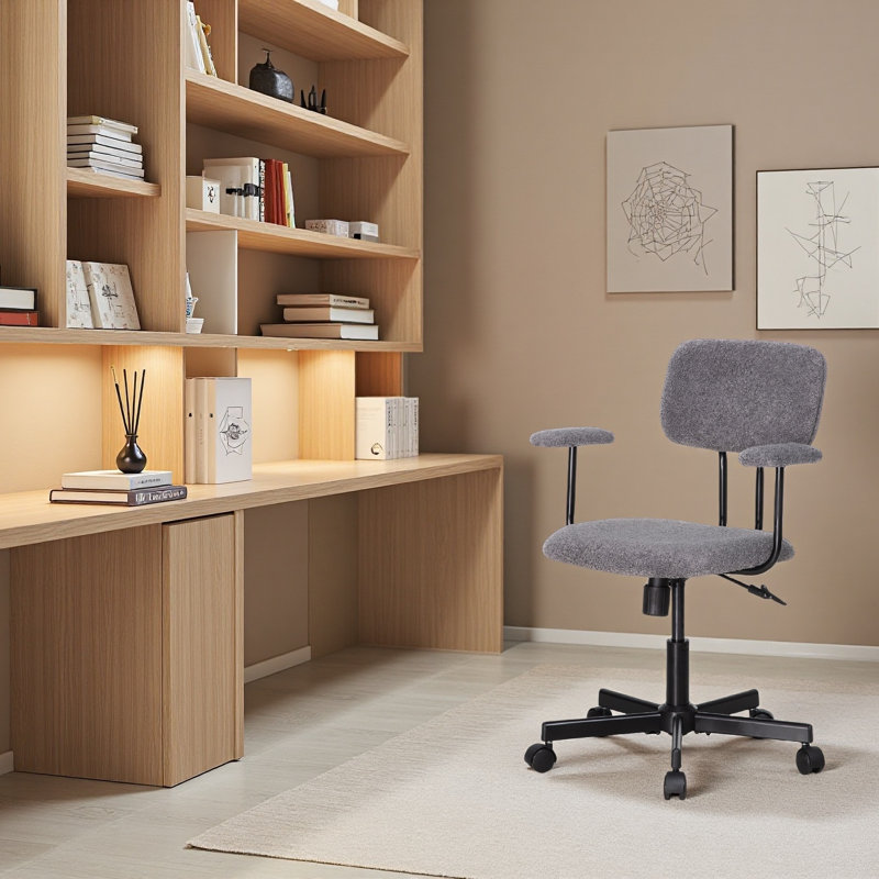 23'' Lamb Wool Armrest Task Chair - Adjustable Swivel with Tufted Back, Gray, Yes