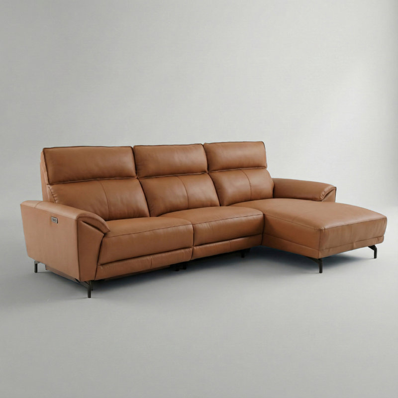 Houston Oversized Power Sectional With Chaise, Brown Top Grain Leather, Right Hand Facing