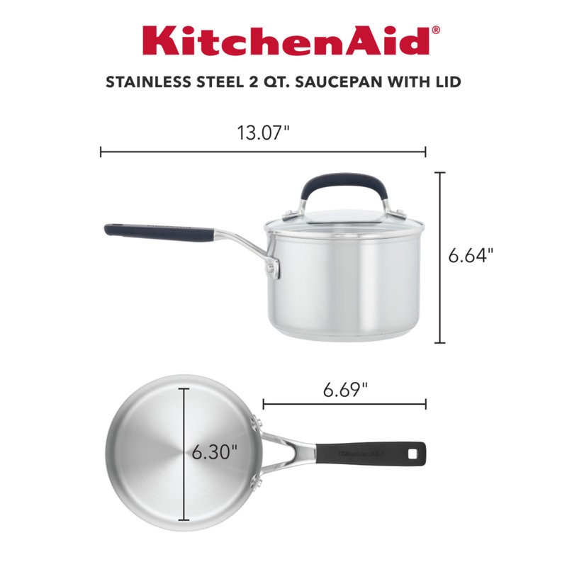 Casserole à induction en acier inoxydable avec marques de mesure et couvercle KitchenAid, 2 pintes