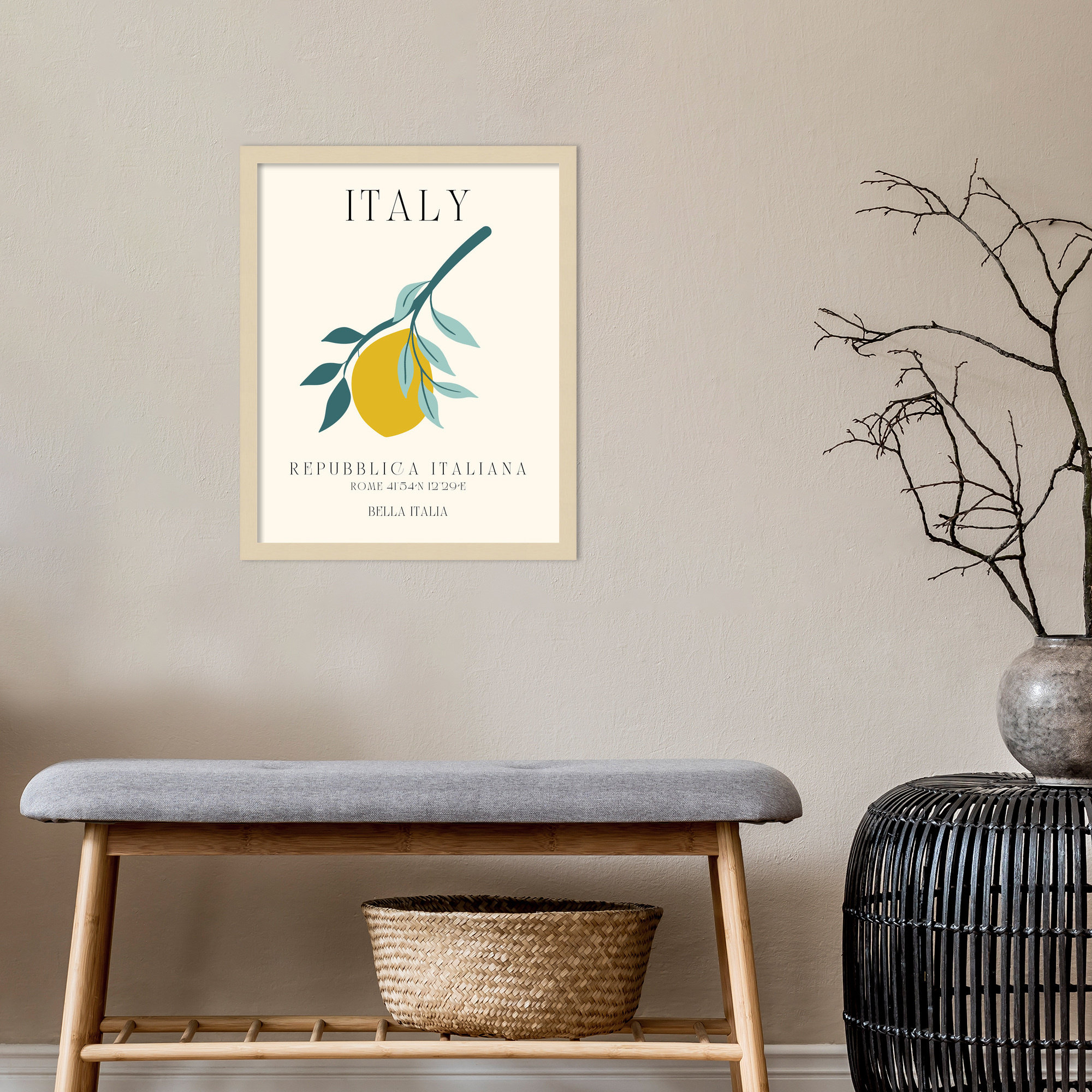 Italy Travel Poster Bella Italia by Chayan Lewis, Brown Framed, 17" W x 21" H x 1" D