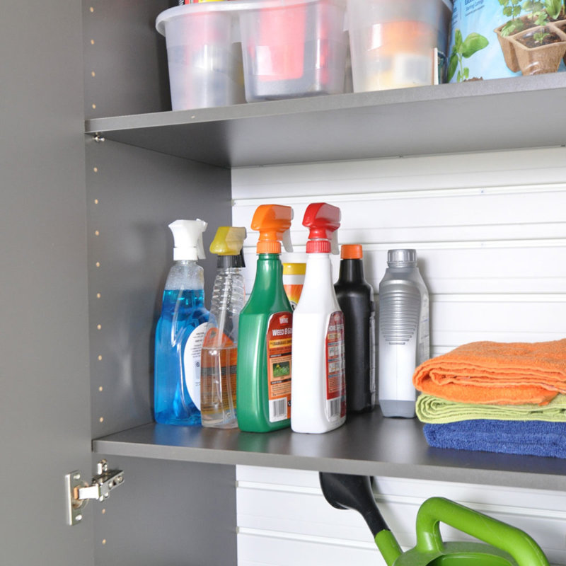 Flow Wall 50 Piece Slatwall Panel, Tall Cabinet, Shelf, Bin, Hook & Workstation Storage Set, White/Silver