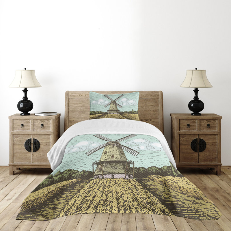 Twin White Quilted Bedspread Set with Windmill Print