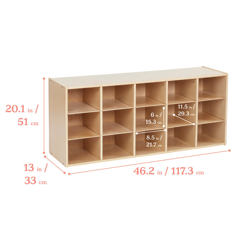 ECR4Kids Streamline 15 Cubby Tray Storage Cabinet, 3x5, Classroom Furniture, Natural
