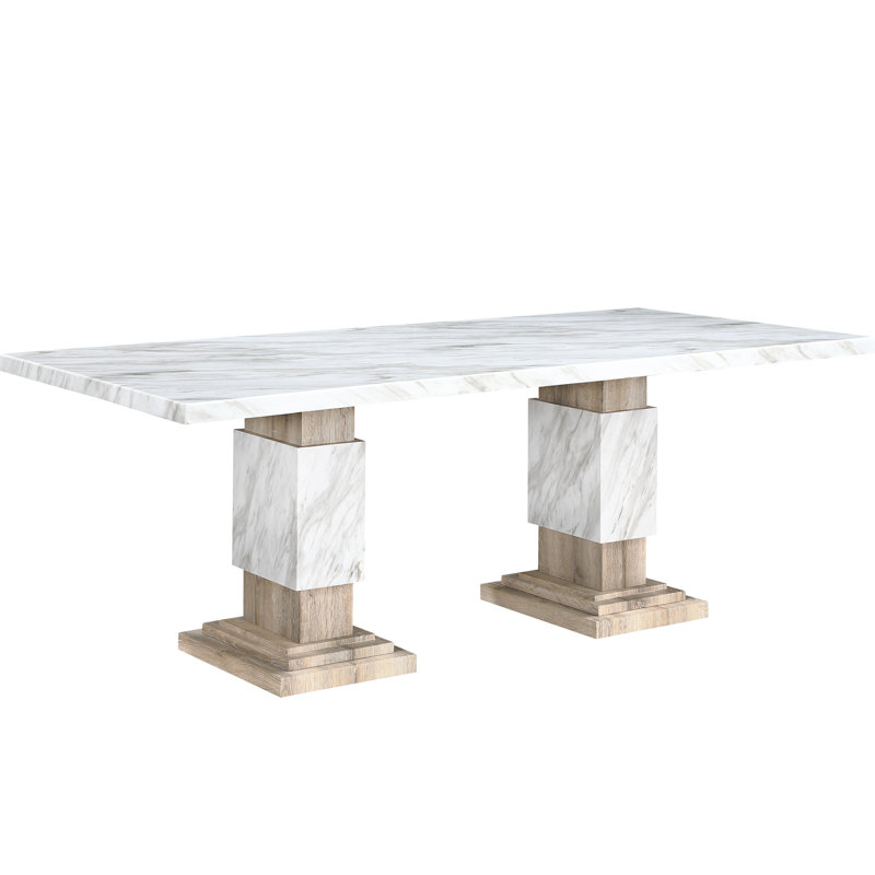 Table de salle à manger moderne en beige, finition faux marbre, 4 chaises rembourrées, base à double piédestal, forme rectangulaire, dossier solide, 4 sièges, siège en bois d'hévéa blanc avec plateau