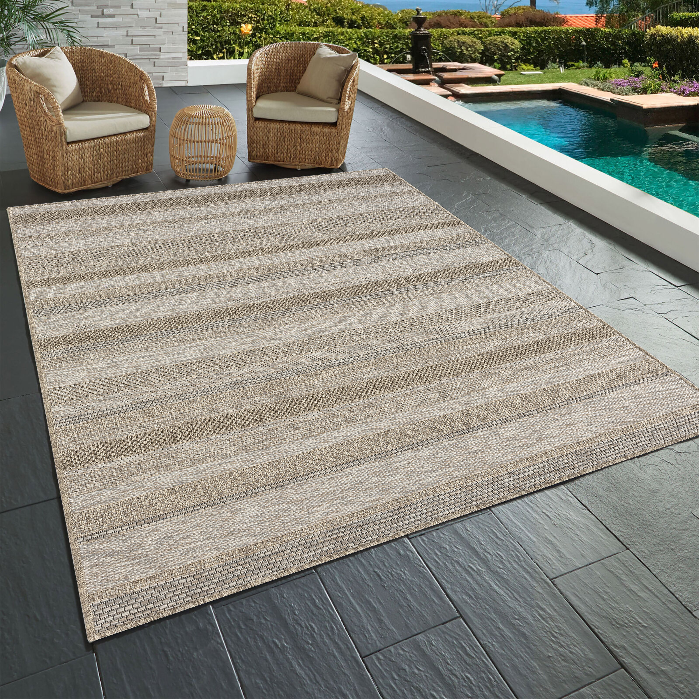 Union Rustic Hayaan Tan/Brown Striped Transitional Indoor/Outdoor Area ...