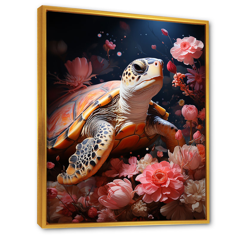 Tortue romantique sur toile, Cadre flottant doré, H 20 po x l 12 po