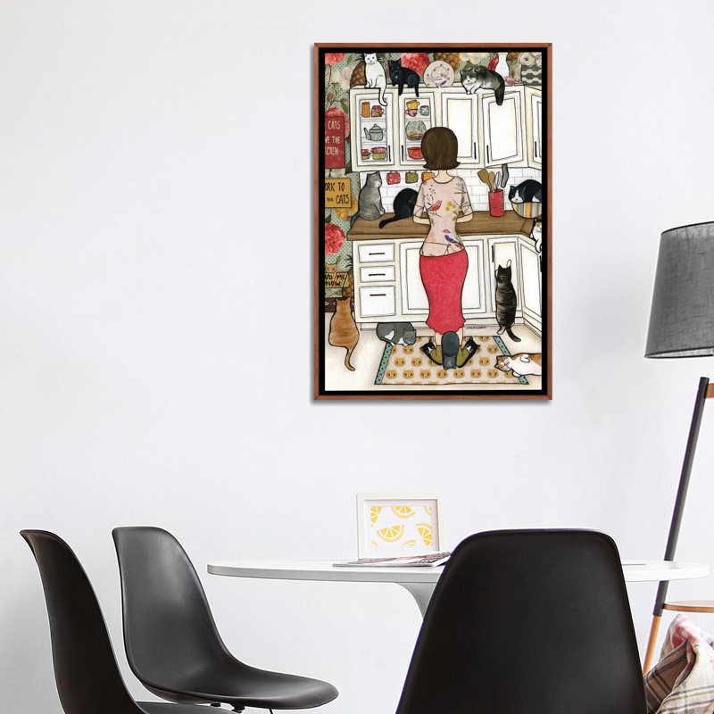 « Feed the Cats » par Jamie Morath-impression, H 40 po x l 26 po x P 1,5 po, Pas de tapis, Toile classique avec cadre brun