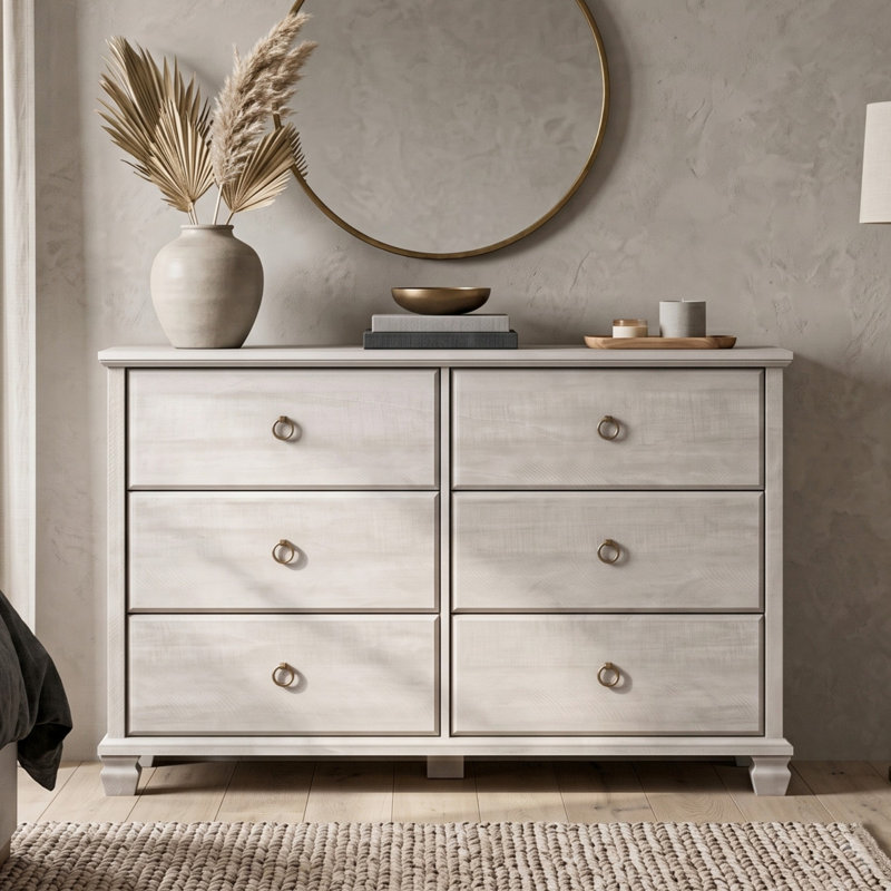 Weston 46.3" W Traditional Gray 6-Drawer Dresser with Solid Wood Legs, Dusty Gray Oak
