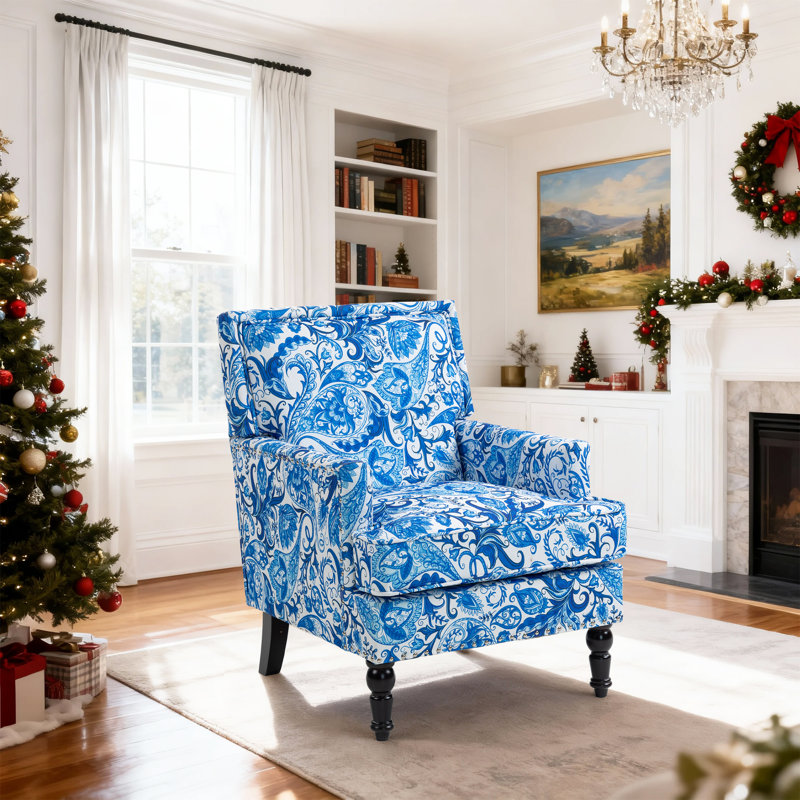 Fauteuil d'appoint rembourré classique avec garniture cloutée, Rayures bleues et blanches